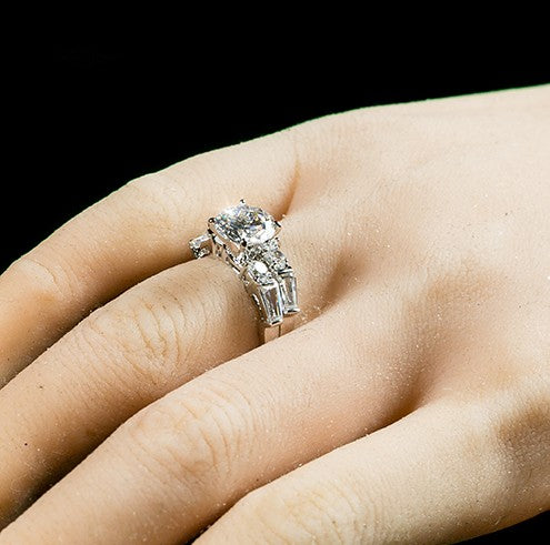 Odessa 8mm Round CZ Baguette Engagement Ring Set | 2ct | 4ct
