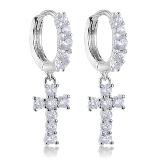 Fanning Clear CZ Cross Hoop Earrings