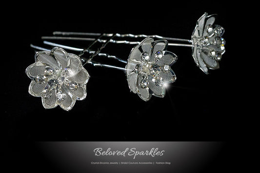 Madison Mesh Flower Hair Pin | Rhinestone - Beloved Sparkles
- 1