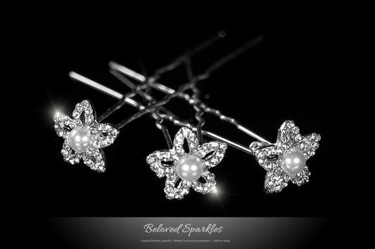 Nicola Pearl Flower Hair Stick Pin | Pearl | Rhinestone - Beloved Sparkles
- 1