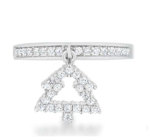 Christmas Tree CZ Rhodium Simple Holiday Charm Band Ring | 1ct | Cubic Zirconia | Silver