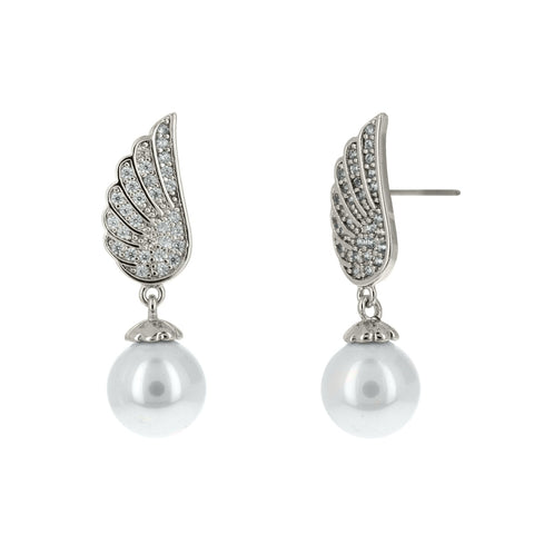 Jessa CZ Wings Pearl Drop Silver Earrings