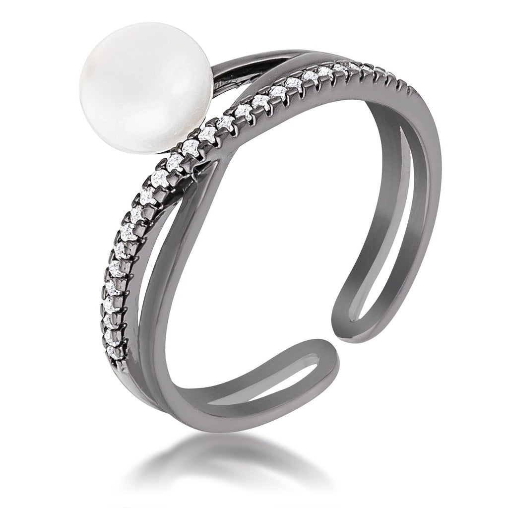 Lin Hematite Pearl Ribbon Bypass Half Pave Ring