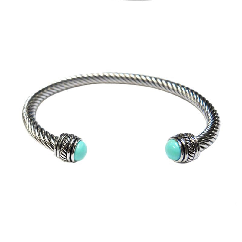 Luceil Turquoise Stone Silver Twist Cable Open Bracelet