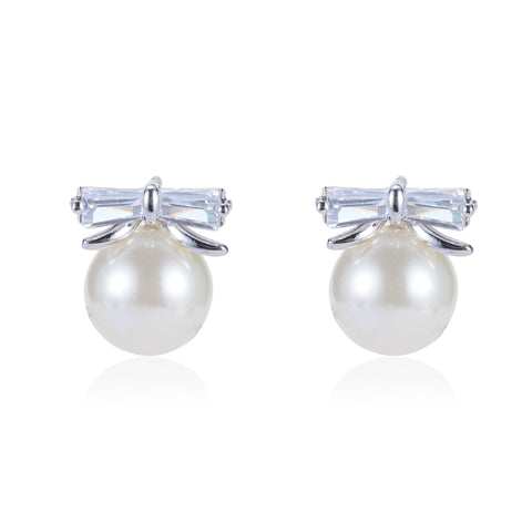 Pelia CZ Bow Knot Pearl Stud Earrings