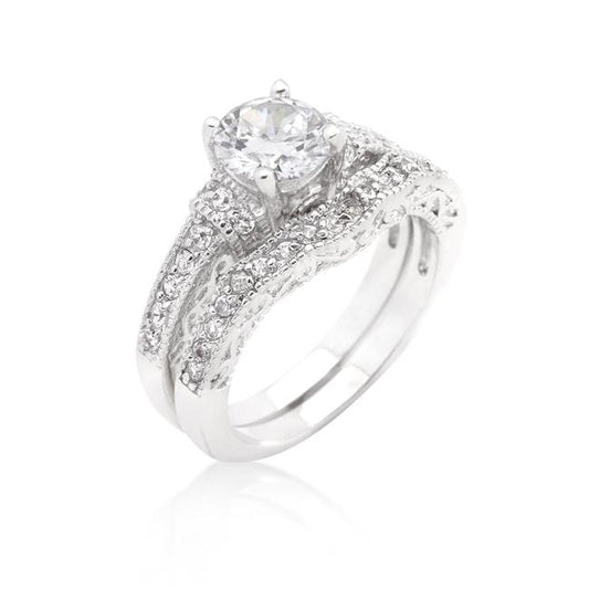 Trista 7mm Round CZ Art Deco Engagement Ring Set | 1.4ct | 3.2ct