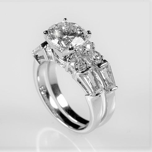 Odessa 8mm Round CZ Baguette Engagement Ring Set | 2ct | 4ct