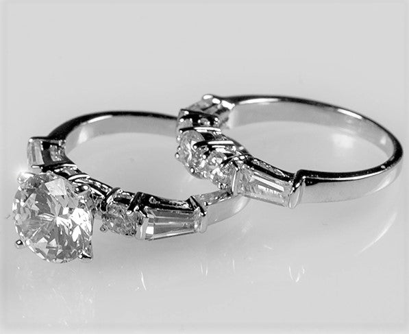 Odessa 8mm Round CZ Baguette Engagement Ring Set | 2ct | 4ct