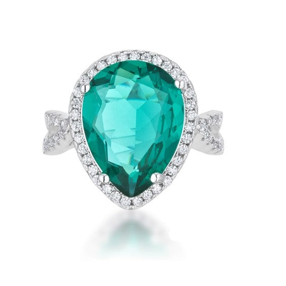 Laura 16x12mm Aqua Green Pear CZ Halo Ring | 8.5ct