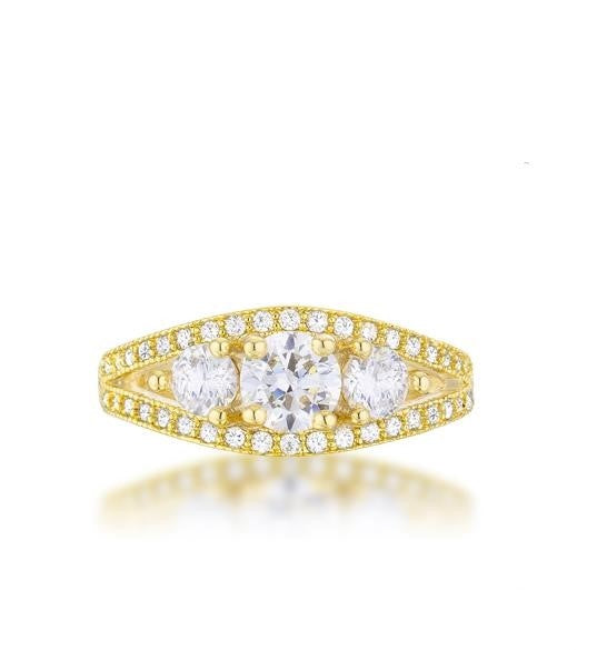 Geneviere Three Stone CZ Gold Engagement Ring | 1.6ct