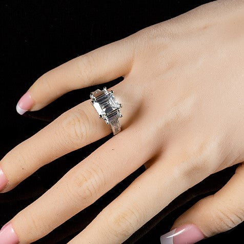 Alina 9x7mm Emerald CZ Three Stone Engagement Ring | 2.5ct | 3.7ct