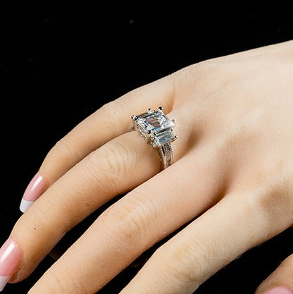 Alina 9x7mm Emerald CZ Three Stone Engagement Ring | 2.5ct | 3.7ct