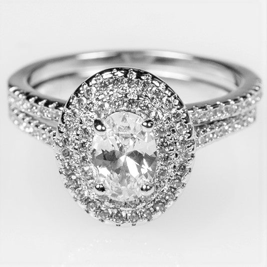 Kehira 7x5mm Oval CZ Halo Engagement Ring Set | 1ct | 2.3ct