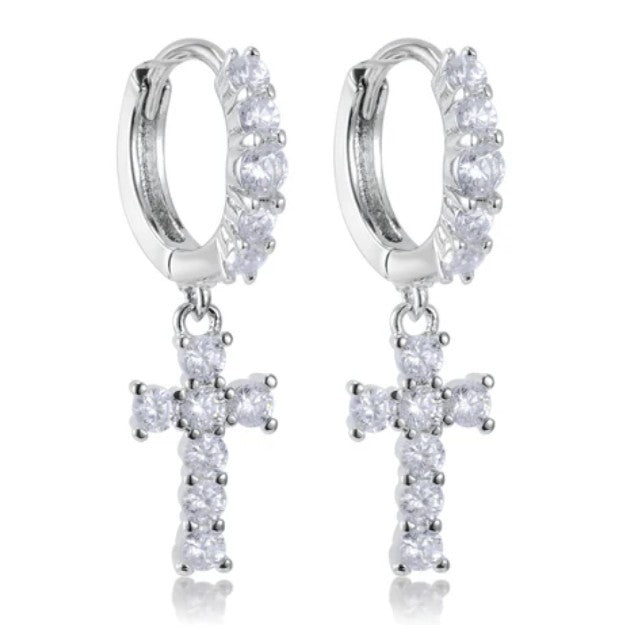 Fanning Clear CZ Cross Hoop Earrings