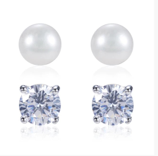 Julia 6mm Round Cut Stud and 7.2mm White Pearl Stud Earrings