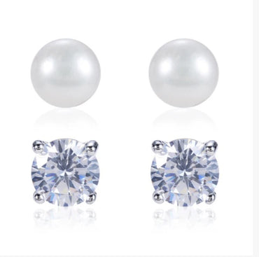 Julia 6mm Round Cut Stud and 7.2mm White Pearl Stud Earrings