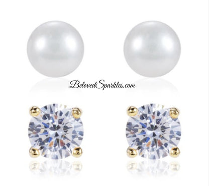 Julia 6mm Round Cut Stud and 7.2mm White Pearl Stud Earrings