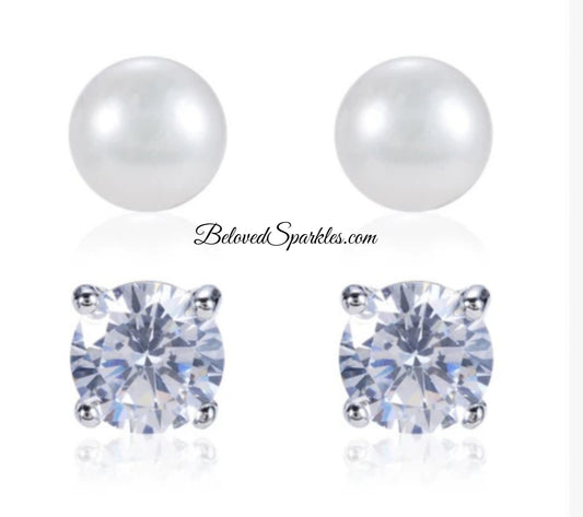Julia 6mm Round Cut Stud and 7.2mm White Pearl Stud Earrings