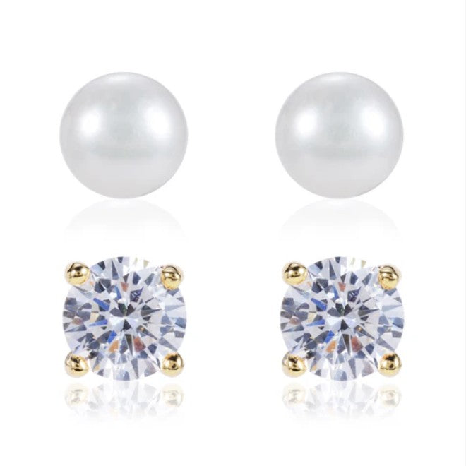 Julia 6mm Round Cut Stud and 7.2mm White Pearl Stud Earrings
