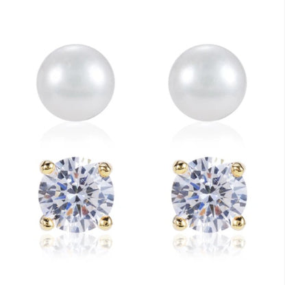 Julia 6mm Round Cut Stud and 7.2mm White Pearl Stud Earrings