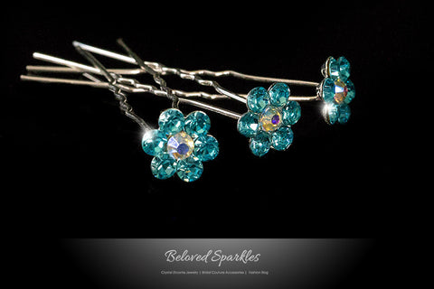 Stella-1 Aqua Blue Flower Hair Stick Pin | Rhinestone - Beloved Sparkles
 - 1