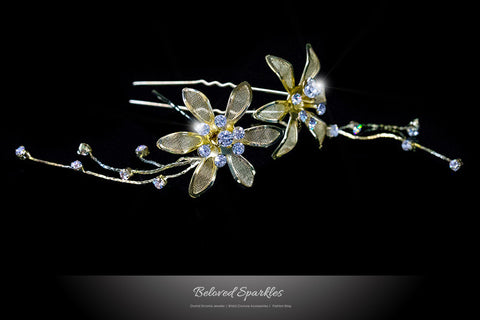 Kathy Gold Flower Hair Stick Pin | Rhinestone