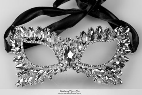 Eileen Marquise Crystal Cat Eye Masquerade Mask | Silver  | Crystal - Beloved Sparkles