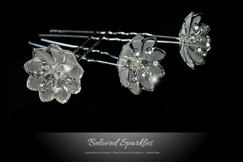 Madison Mesh Flower Hair Pin | Rhinestone