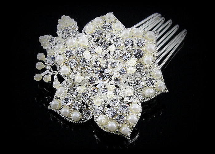 Thurma Romantic White Pearl Flower Hair Comb | Pearl | Crystal - Beloved Sparkles
