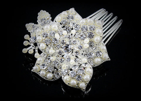 Thurma Romantic White Pearl Flower Hair Comb | Pearl | Crystal