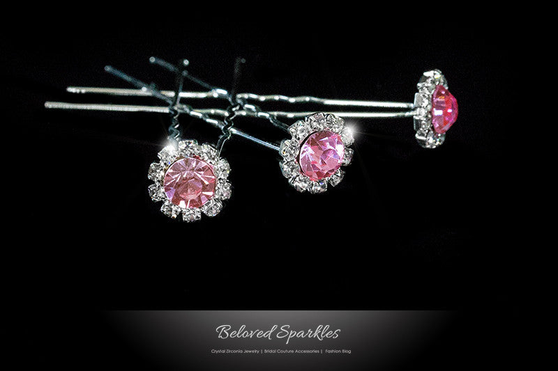 Lydia-1 Pink Rose Halo Hair Stick Pin | Rhinestone - Beloved Sparkles
