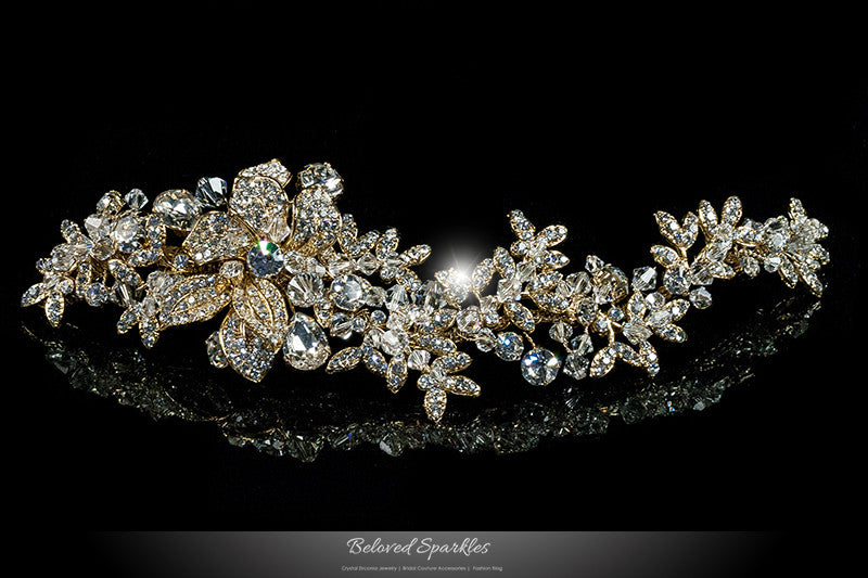 Lizabeth Ila Long Floral Cluster Gold Hair Clip | Swarovski Crystal - Beloved Sparkles
 - 1