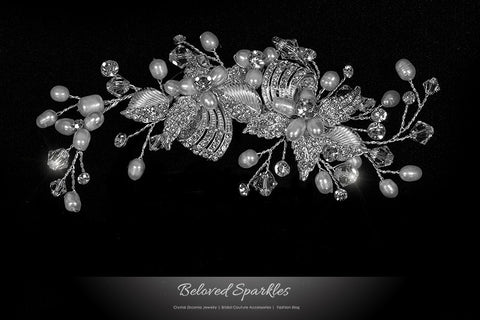 Ciana Ribbon White Pearl Spray Hair Clip | Swarovski Crystal - Beloved Sparkles