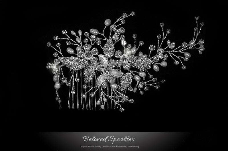 Vicky Floral Spray White Pearl Hair Comb | Pearl | Swarovski Crystal - Beloved Sparkles
 - 1
