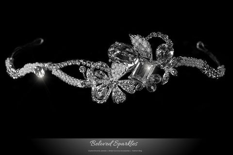 Rosalba Twin Flower Pearl Silver Headband | Swarovski Crystal