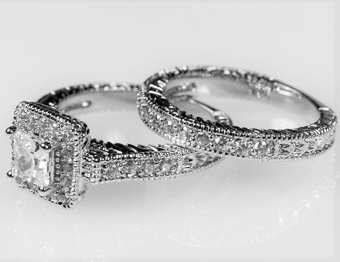 Chiara Vintage Princess Halo Engagement Ring Set | 3ct