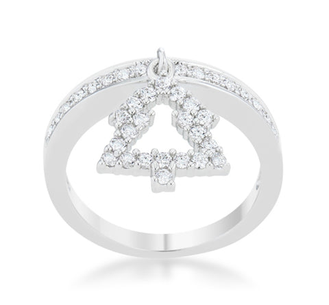 Christmas Tree CZ Rhodium Simple Holiday Charm Band Ring | 1ct | Cubic Zirconia | Silver