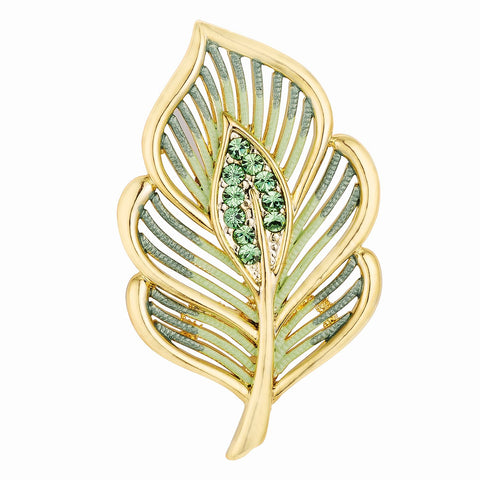 Edna 18k Gold Green Enamel Crystal Leaf Brooch