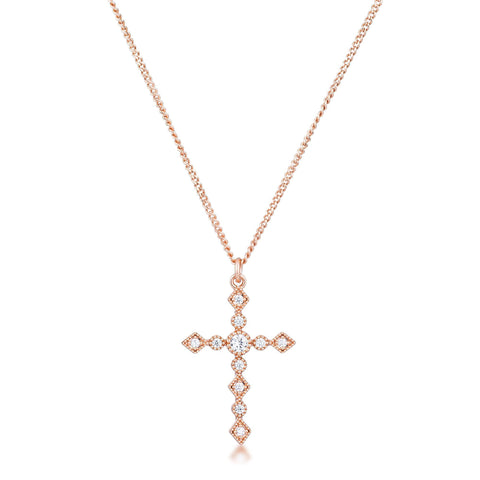 Jelana Delicate Vintage CZ Rose Gold Cross Pendant