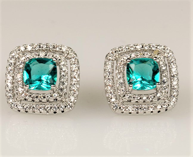 Idella Aqua Cushion Double Halo Stud Earrings | 2.5ct