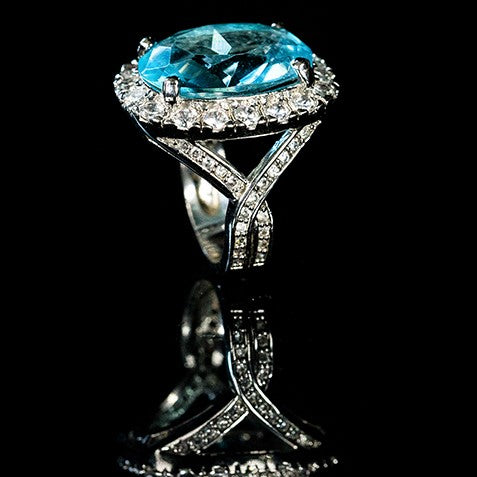 Kaylin Aqua Blue Cushion Cut Halo Cocktail Ring | 15ct