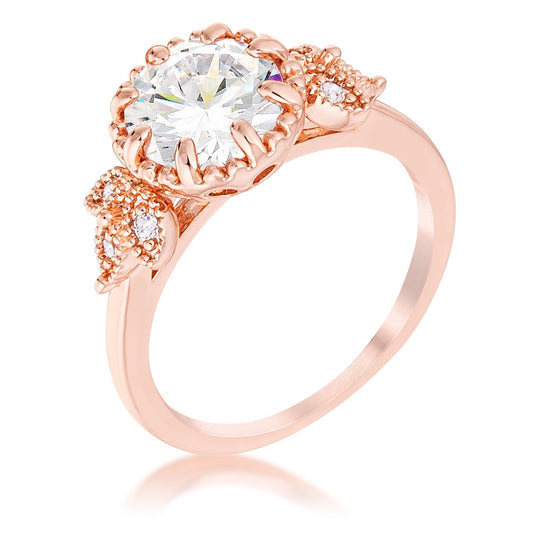Laurel Vintage Leaf 8mm Round Cut CZ Rose Gold Engagement Ring | 2ct