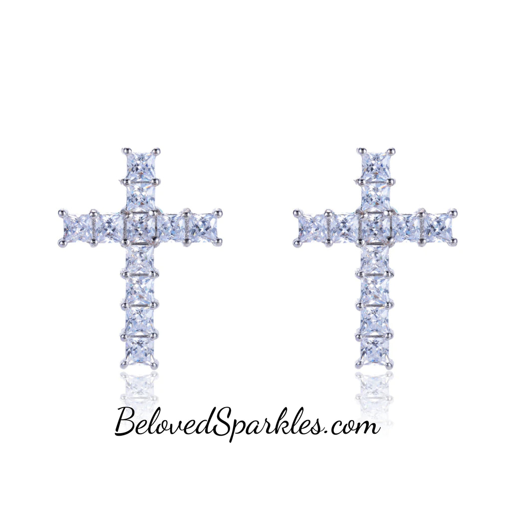 Leann Princess CZ Religious Cross Stud Earrings
