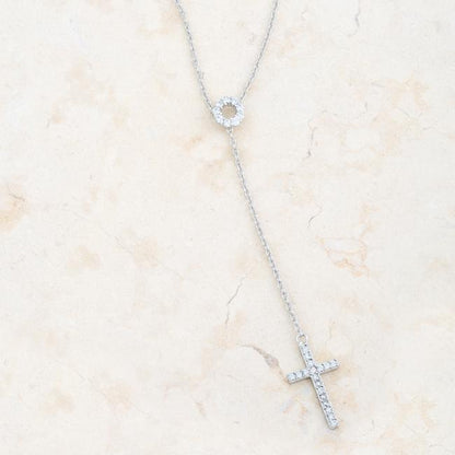 Maranda CZ White Gold Lariat Cross Necklace - Beloved Sparkles
