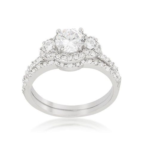 Narah Three Stone Halo Engagement Wedding Ring Set | 2.5ct