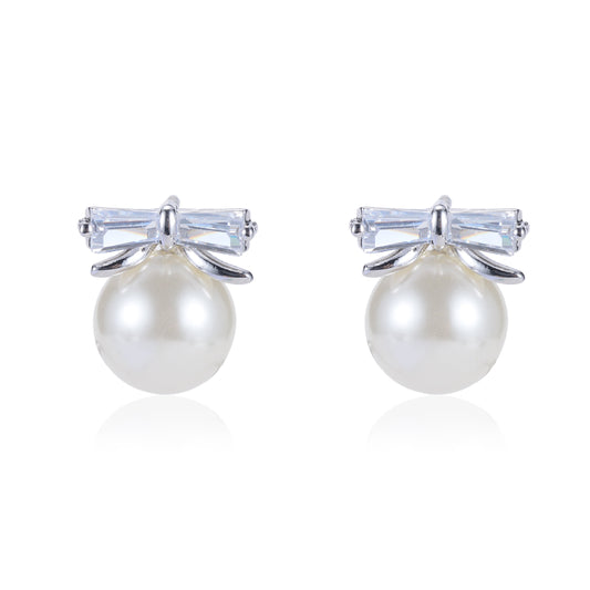 Pelia 10mm Pearl CZ Bow Knot Pearl Stud Earrings