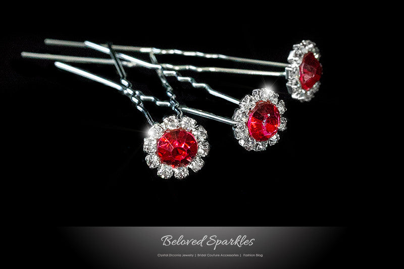 Lydia-1 RubyRed Halo Hair Stick Pin | Rhinestone - Beloved Sparkles
