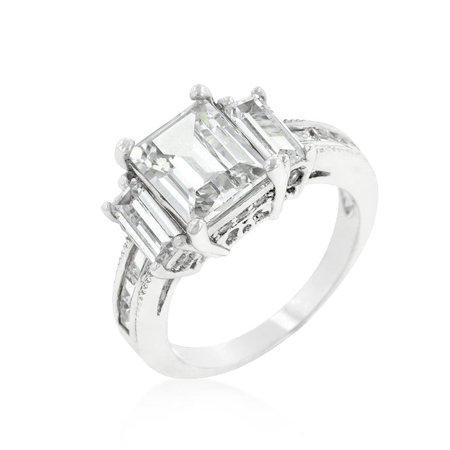 Alina 9x7mm Emerald CZ Three Stone Engagement Ring | 2.5ct | 3.7ct