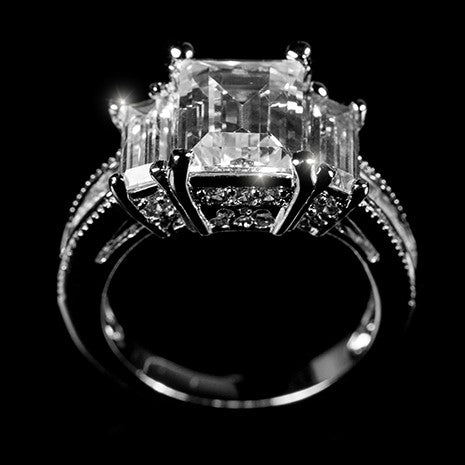 Alina 9x7mm Emerald CZ Three Stone Engagement Ring | 2.5ct | 3.7ct