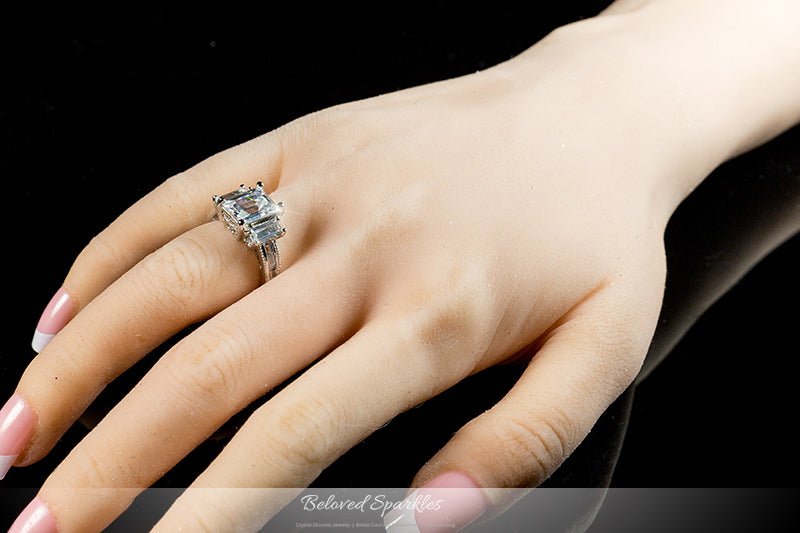 Alina 9x7mm Emerald CZ Three Stone Engagement Ring | 2.5ct | 3.7ct